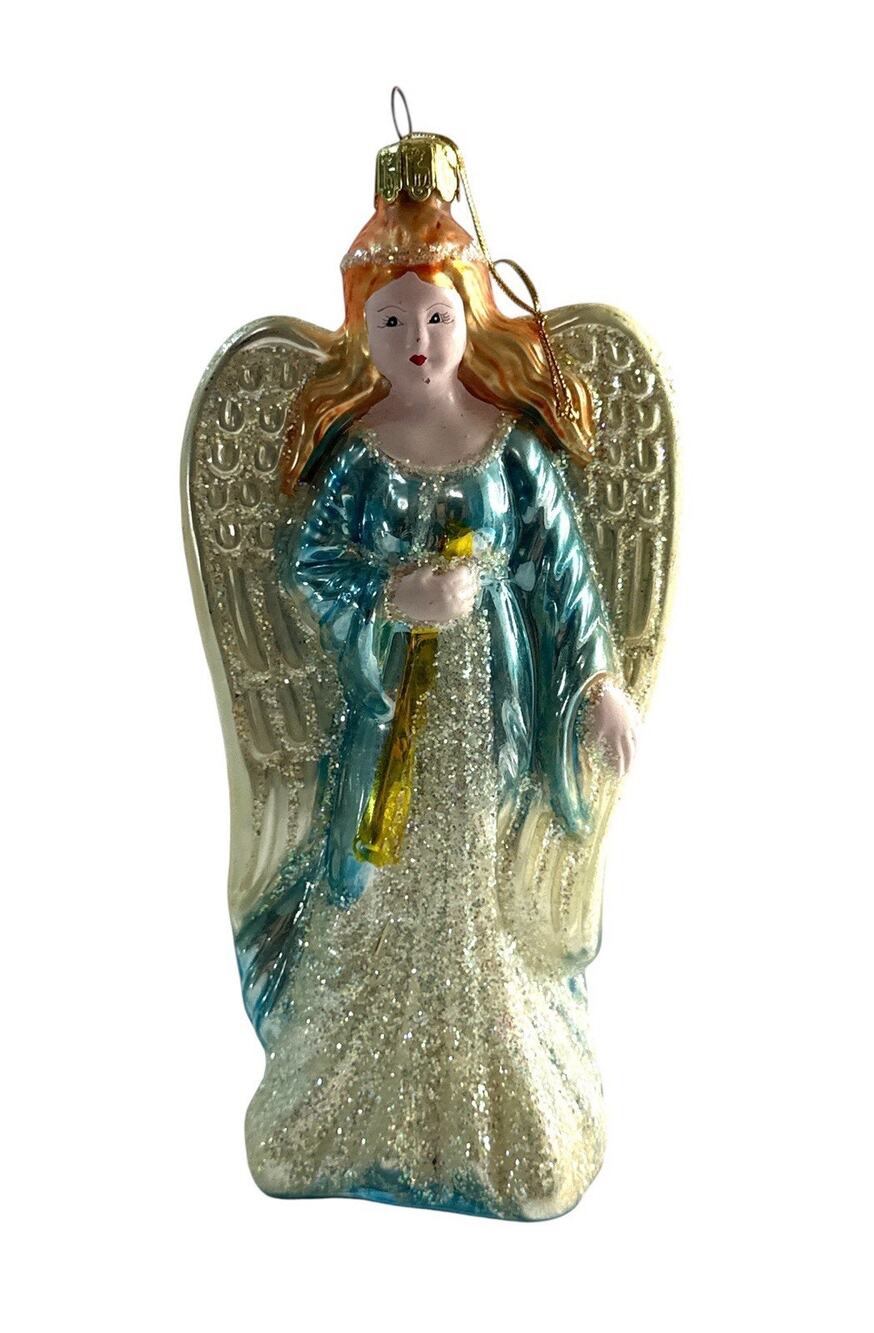 Vintage Hand Blown Glass Angel Christmas Ornament Blue Gown Glitter 6.5”